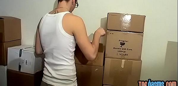  Austin Lucas plays with his feet and cock in a storage room
